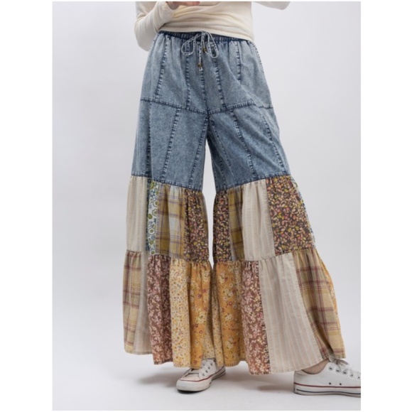 Bluevelvet Chambray Cotton Floral Plaid Print Wide leg Pants - Picture 3 of 7